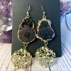 Black Solar Quartz Druzy Pearl Leaf Gold Earrings